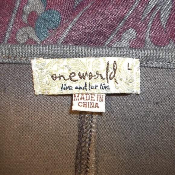 One World Womens Top Blouse Size Large Paisley V-Neck Long Sleeve Gray Burgundy - Picture 4 of 6